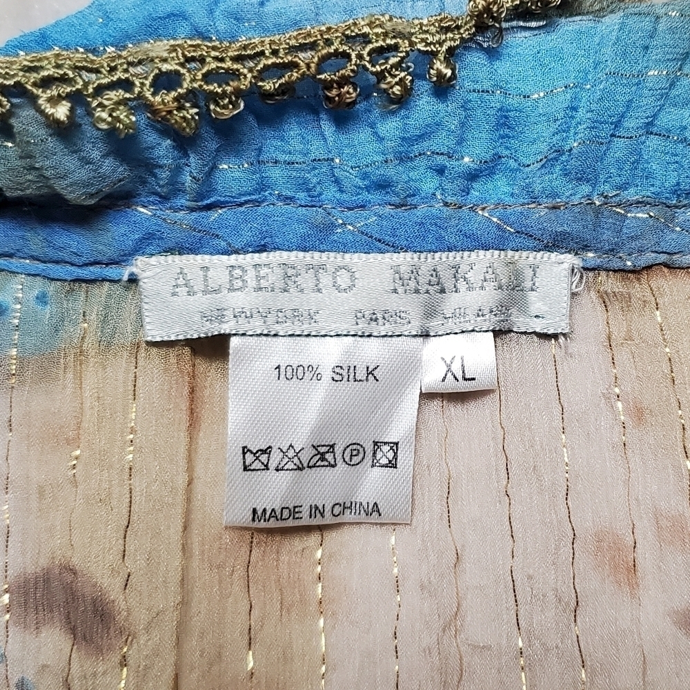 Vintage OOAK Alberto Makali Blue Leopard Print Gold Metallic Knit Abstract Top - Picture 14 of 14